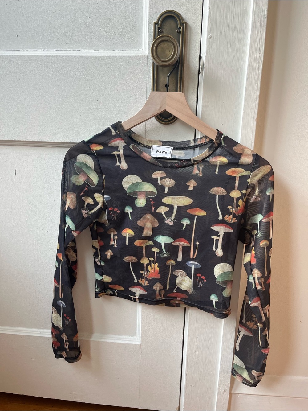 WoWo Black mesh Mushroom Print Long-Sleeve Crop Top